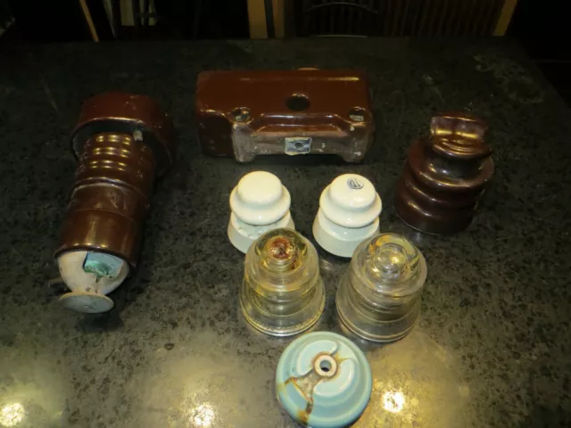 Vintage Porcelain Insulator Lot Brown, Blue, White and Clear Glass