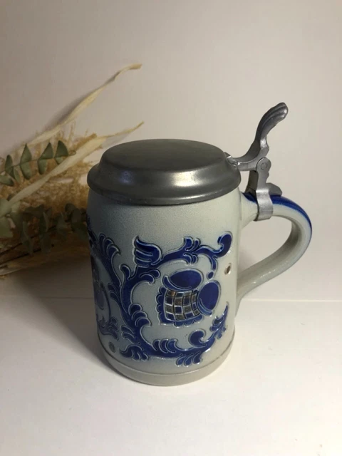 Chope De Bière Allemande Gerz Avec Couvercle étain - Céramique Multicolore, Vintage