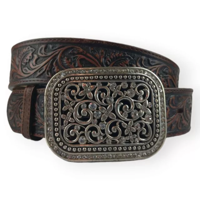 ARIAT Western Belt Sz 34 Genuine Brown Leather Tooled Rhinestone Fillagree