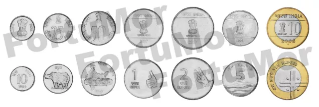 India Set Of 7 Coins, 10 25 50 Paise 1 2 5 10 Rupees 1988 2010, AU- UNC, BIMETAL