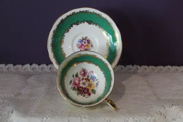 Beautiful Aynsley Green And Floral Pattern Tea Cup And Saucer Gold Trim