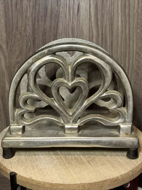 Vintage Cooks Club Silver Metal Heart Scroll Napkin / Mail Holder