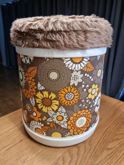 Vintage Retro 1970's PLYSU Flower Storage Stool Laundry Bin Basket Fluffy Top