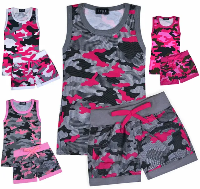 Girls Camo Set Kids Vest Top and Shorts Set New Camouflage Outfit Age 2-12 Years