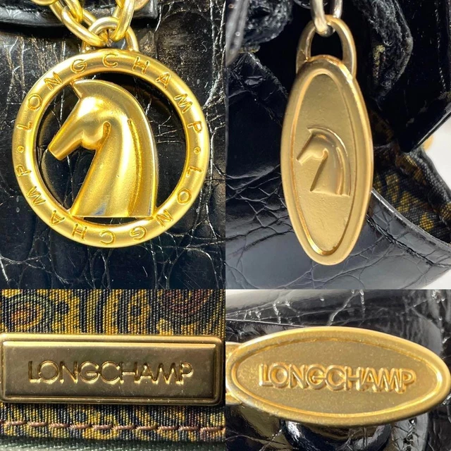 Rare Longchamp Leather Handbag Tote Bag Croc Embossed with Gold Charm Black 10