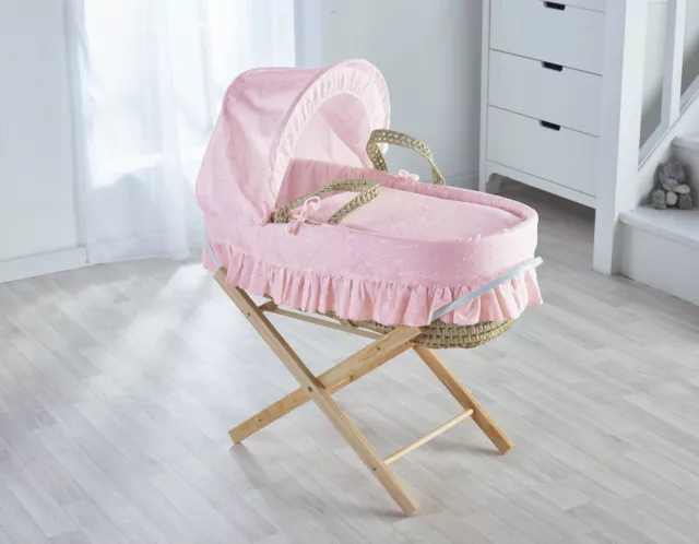 Pink Broderie Anglaise Palm Moses Basket With Folding Stand, Bedding & Mattress
