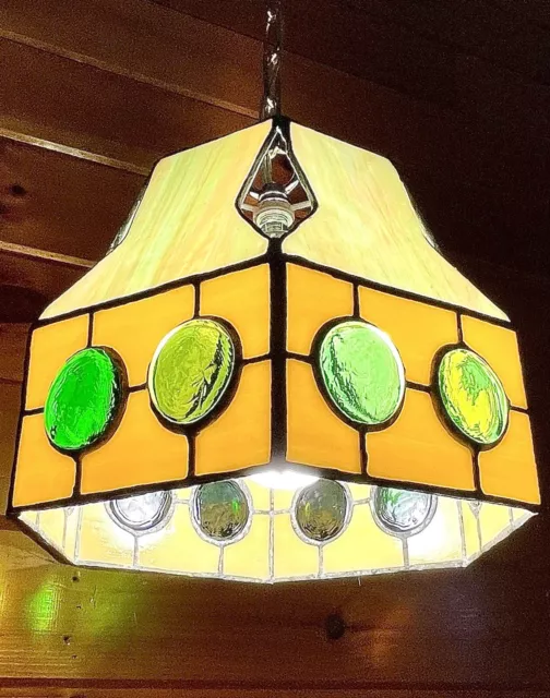 Vintage 1960's-70's Retro MCM Green Stained Slag Glass Hanging Swag Lamp/Light