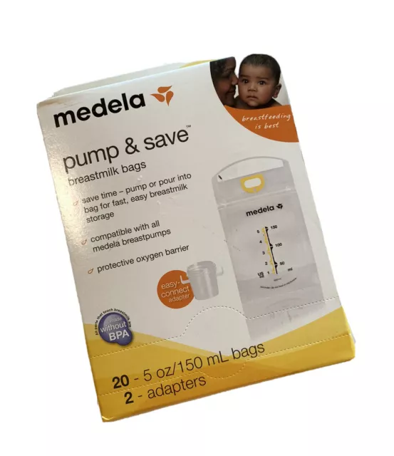 Medela Pump & Save Breastmilk Bags 20ct and 2 Adapters Storage NIB USA AUTHENTIC