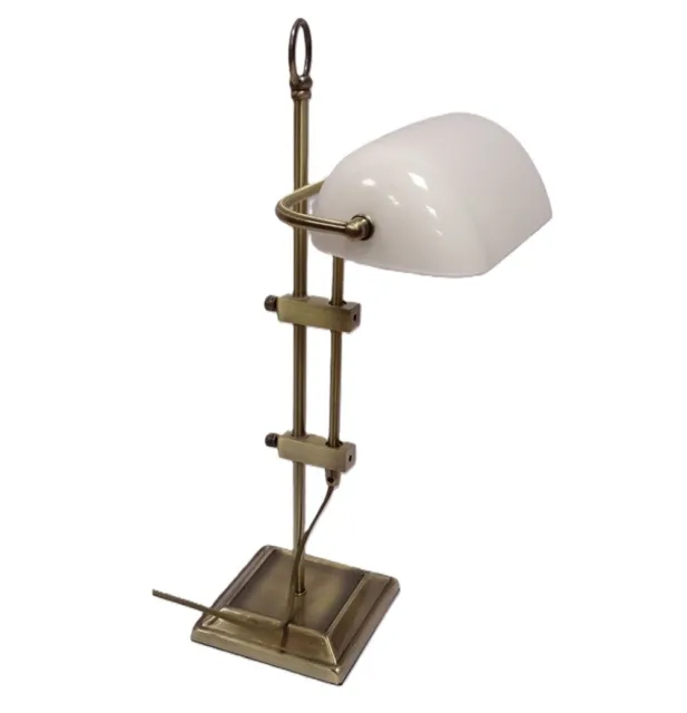 Bankerlampe, Büro Lampe, Große Schreibtischlampe, Altmessing, Opalglas Schirm
