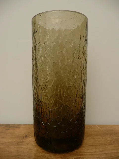 Vintage HAND BLOWN Crackled Green Smoked ART GLASS Vase Tumbler Old MCM Crackle