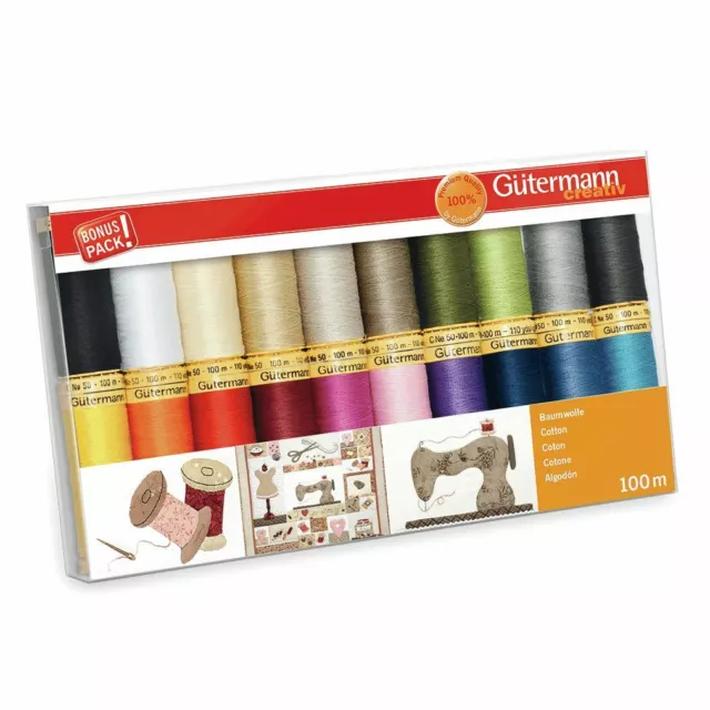 Gutermann 100% Natural Hilo Algodón Set 100m a Mano Y Máquina 20 Varios Carretes