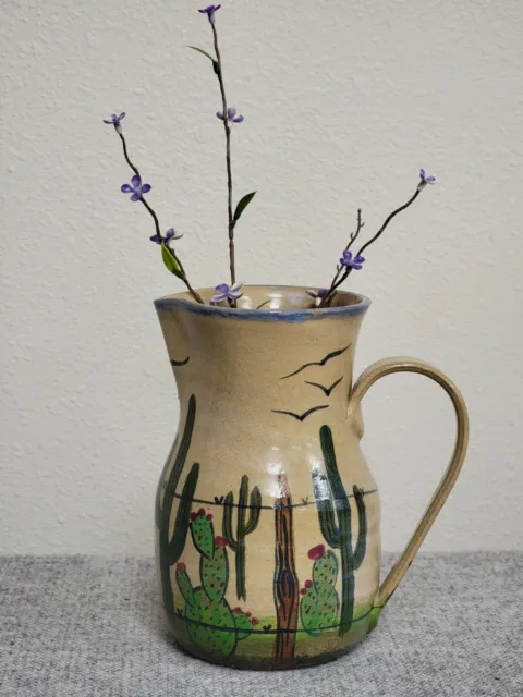 Vintage 1996 Art Pottery 7" PITCHER/Vase SOUTHWEST CACTUS Hand Painted-Signed