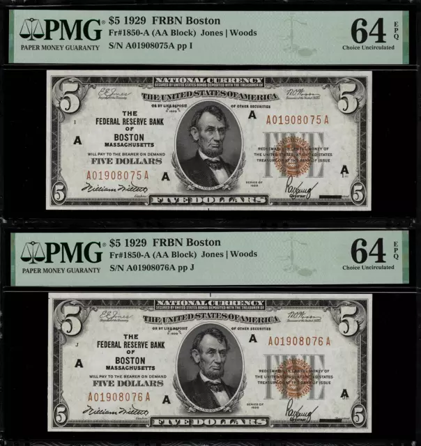 1929 $5 Federal Reserve Bank Note Boston - FR.1850-A - PMG 64 EPQ - Consecutive