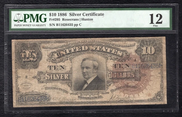 Fr. 295 1886 $10 Ten Dollars “Tombstone” Silver Certificate Note Pmg Fine-12