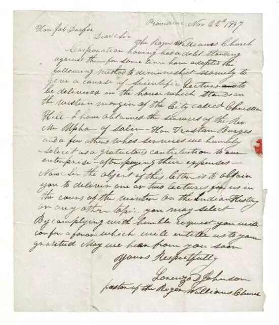 Lorenzo Dow Johnson / One-page autograph letter signed to Job Durfee 1837