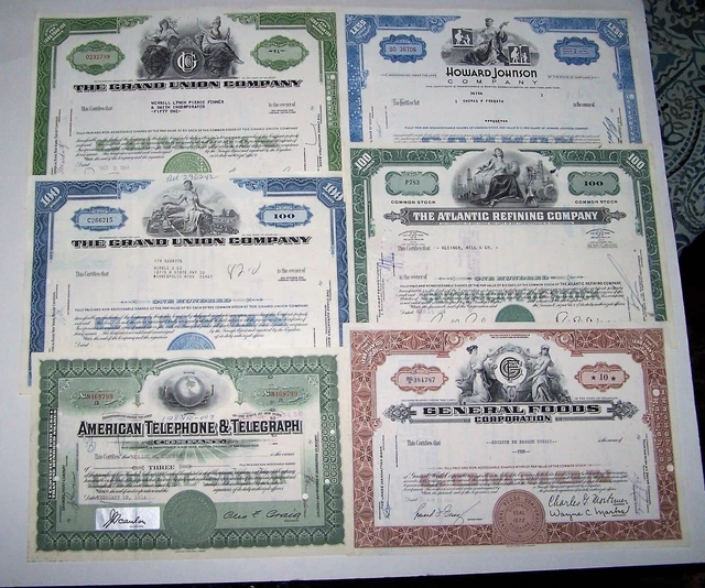 Stock Certificate Lot - At&t, Howard Johnson, Atlantic Refining Co., General Foo