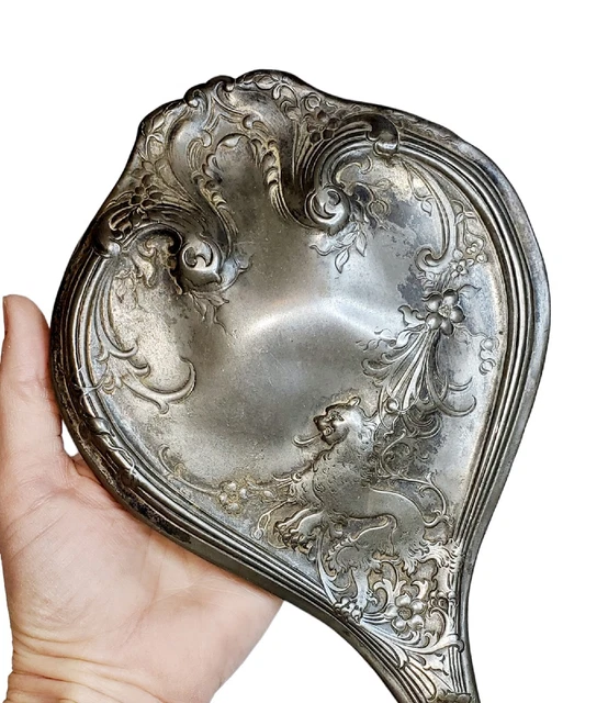 Stunning Estate Antique Victorian Era Silver Plated Hand Mirror Lion & Flowers