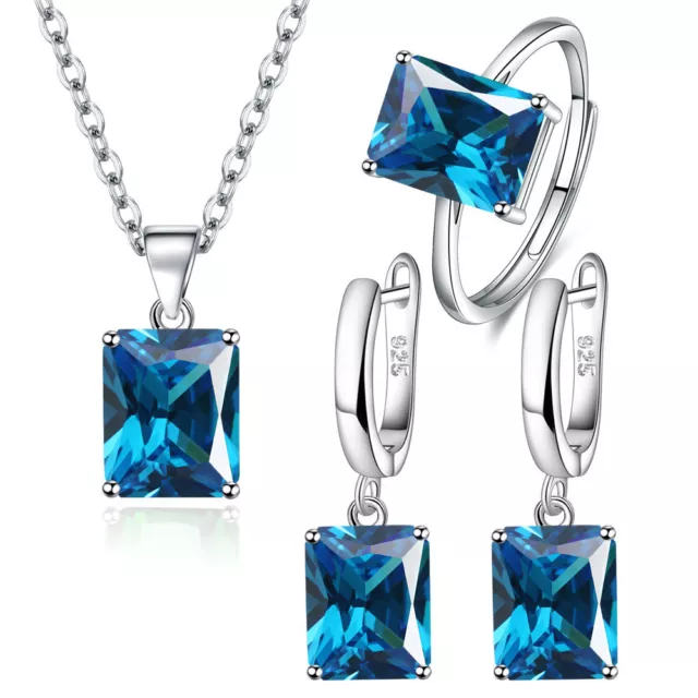 925 Sterling Silver Square Blue Crystal Necklace Earrings Ring Women Jewelry Set