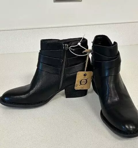 New Born Payton Black Leather Ankle Booties/shoe Womens Size 7M Zip Strap Buckle