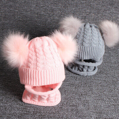 Toddler Baby Kids Winter Warm Double Pom Bobble Knit Hat Beanie Cap Scarf Slt