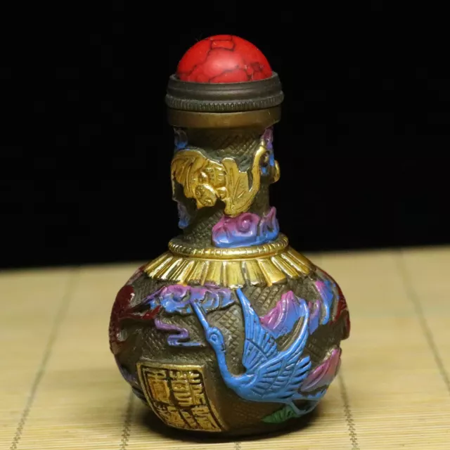 Chinese Brass Gilded Handmade Color Draw Exquisite Crane Snuff Bottle 95018