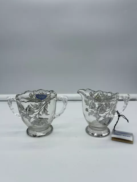 Vintage Silver City Crystal with Sterling Floral Pattern Sugar and Creamer Set O