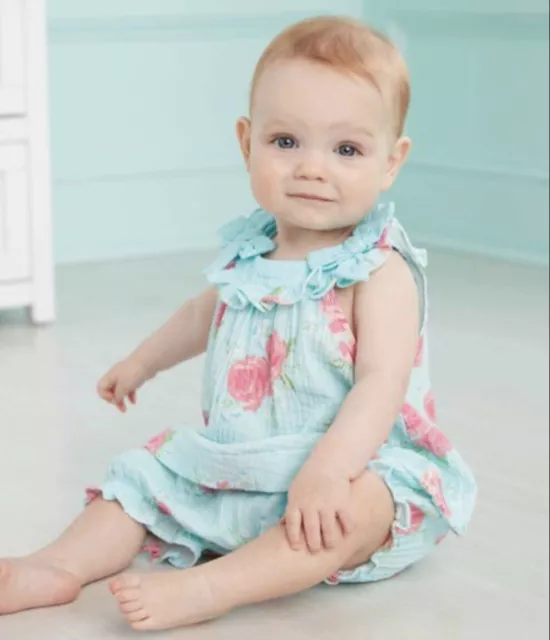 Mud Pie Baby Girls Blue Rose Pinafore Babydoll Top & Bloomer Shorts Set 0-3M