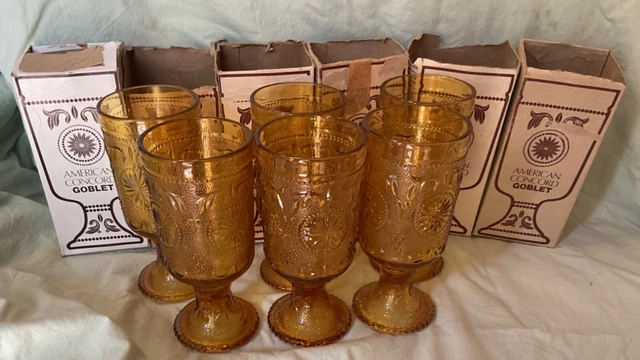 6 Vintage Duz Brockway American Concord Footed Amber Goblets in Original Box