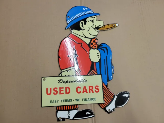Porcelain Dependable Used Cars Salesman Sales Man Dealership Dealer Vintage Sign