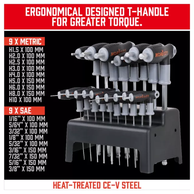 18Pc SAE & Metric T Handle Allen Wrench Ball End Hex Key Set w/Storage Stand 3