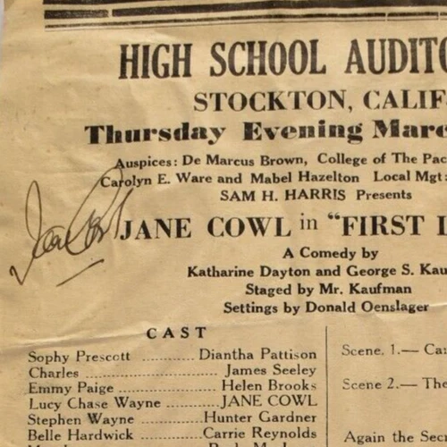 1937 Jane Cowl Autograph First Lady Play Program Stockton High School Auditorium
