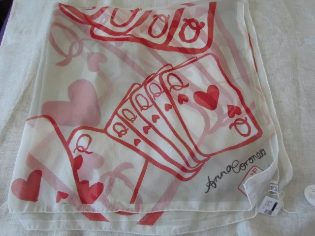 New tag Holt Renfrew Scarf Silk Chiffon White Heart Red Art Work by Anna Coroneo