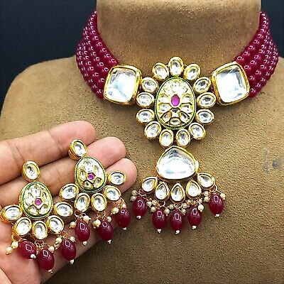 Pakistani Indian Bollywood Necklace Jewelry Set Gold Tone Kundan Bridal Wedding