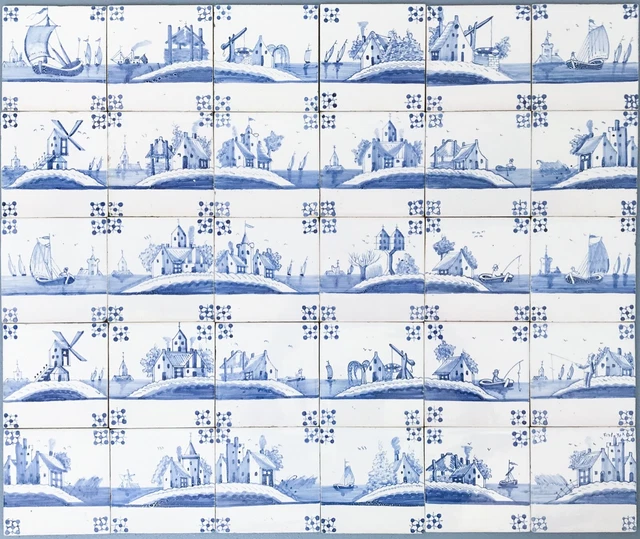 Nice large field of 30 Dutch Delft Blue tiles, windmills, figures, circa 1900.