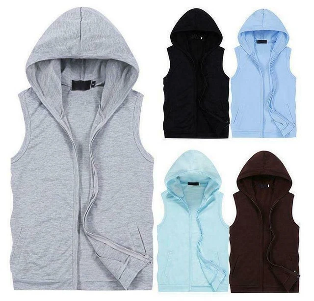 Mens summer slim Sleeveless Zip Jackets Vest Waistcoat Tops Hooded Coats New