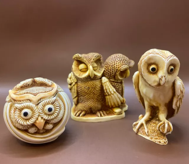Lot Of 3 VTG Harmony Kingdom Owls Wise Guy Mostel Ollie Made In England