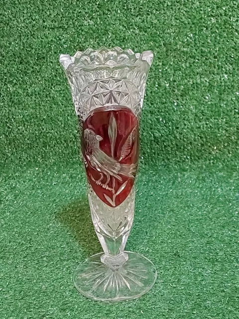 Vintage Hofbauer Red Bird Byrdes German Lead Crystal Vase Cranberry Glass