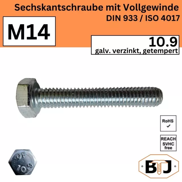 M14 DIN 933 /10.9 Sechskantschraube Vollgewinde galv. verzinkt getempert ISO4017