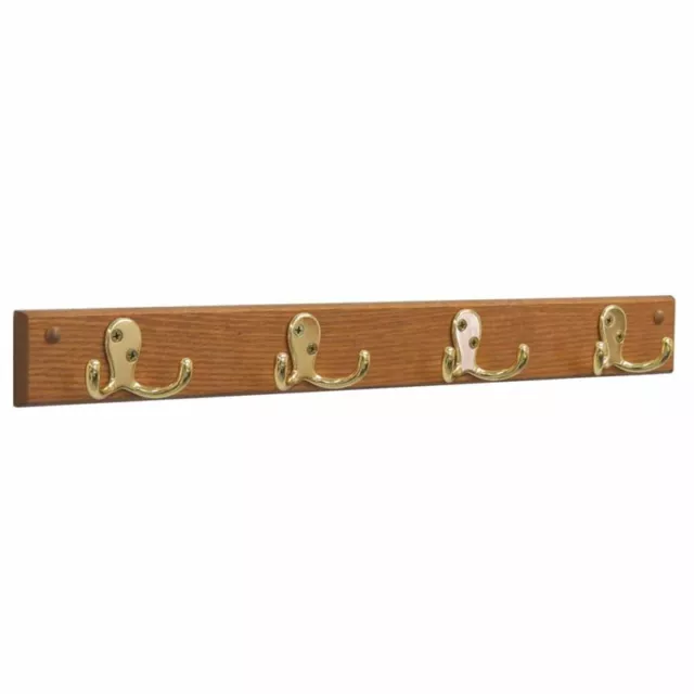 Wooden Mallet 4 Hook Wall Coat Rack Rail in Medium Oak and Brass