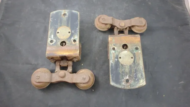 Two 2 Antique Cannon Ball Barn Door Rollers Hangers with Brackets BRASS TAGS #1