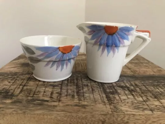 Vintage 1930's Myott Son & Co Hand Painted Art Deco Sugar Bowl And Creamer