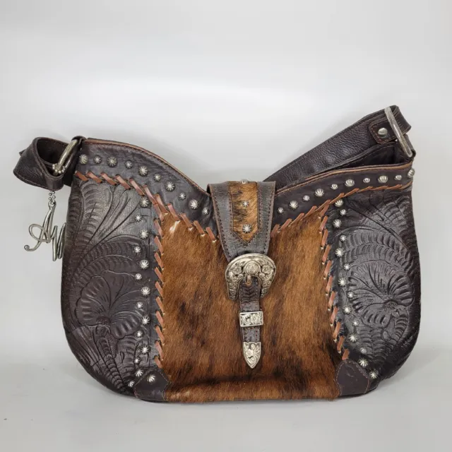 American West Purse Brown Leather & Hair Shoulder Bag Silver Buckle Studded Feet