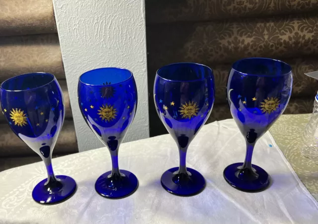 Vintage Libbey Cobalt Blue Celestial Moon & Stars Stemmed Wine Glasses (4)