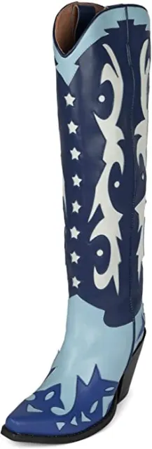 Jeffrey Campbell Starwood-2 Blue Combo Pointy Toe Pull On Leather Knee High Boot