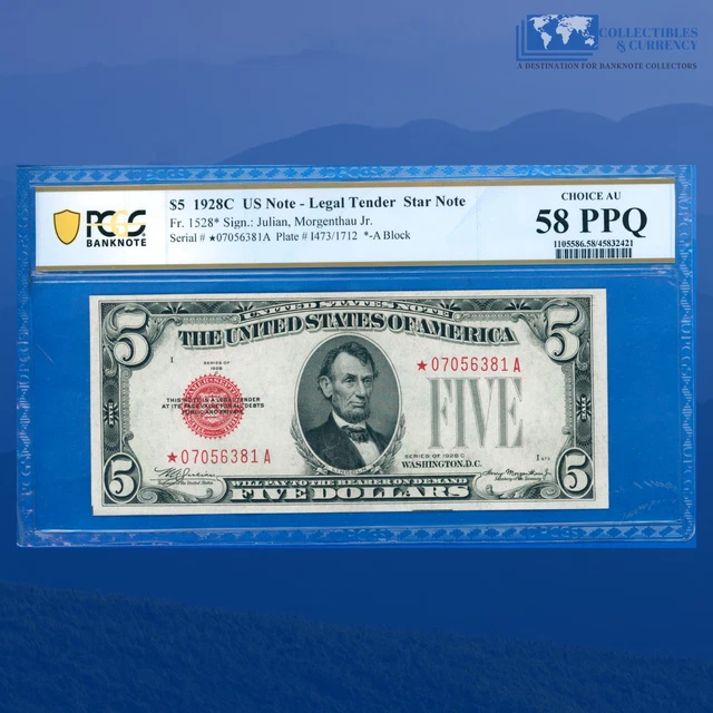 Fr.1528* 1928C $5 Five Dollars Legal Tender Star Note, PCGS 58PPQ #6381