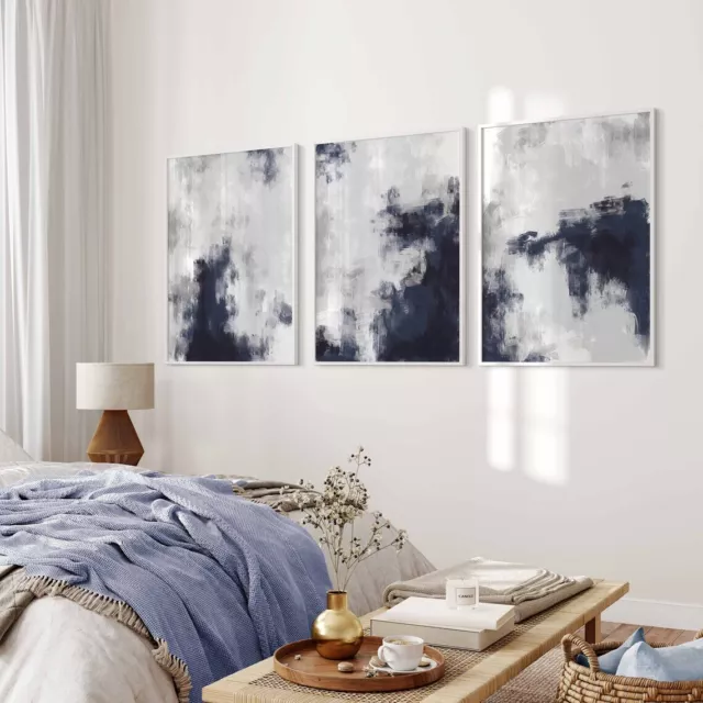 Set of 3 Modern Wall Art Navy Blue White Grey Abstract Art, Minimal Picture Home 2