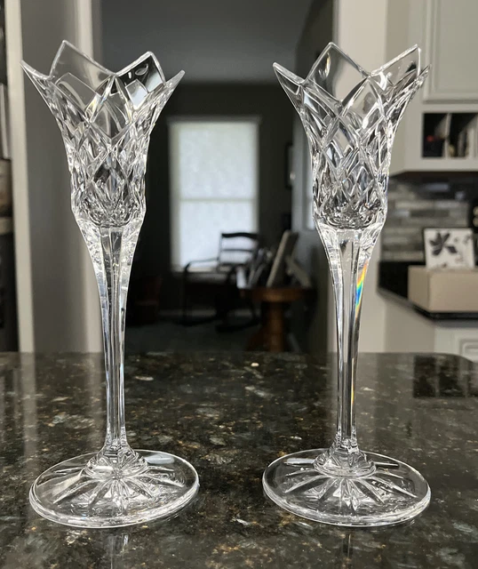 Pair (2) Clear Glass 7 3/4”  Tulip Shaped Candle Stick Holders  Beautiful!