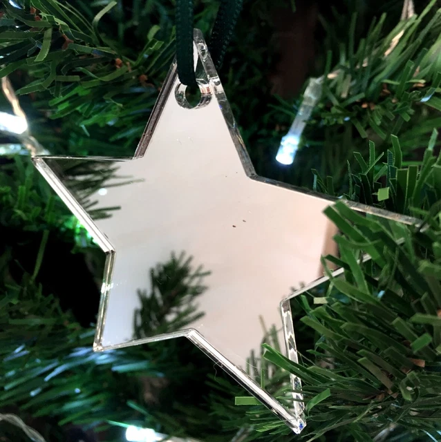 4 Pack - Star Shaped Christmas Tree Decorations, Silver Mirror Acrylic & Ribbon