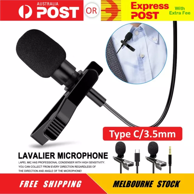 Clip-on Lapel Mini Lavalier Mic Microphone 3.5mm/USB C Mobile Phone PC Recording