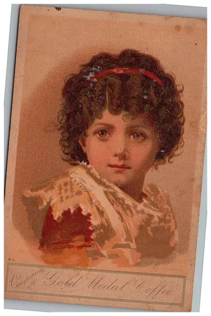 Coffee Card Gold Medal Trade Victorian Ad Girl Young Pretty Portrait Compliments